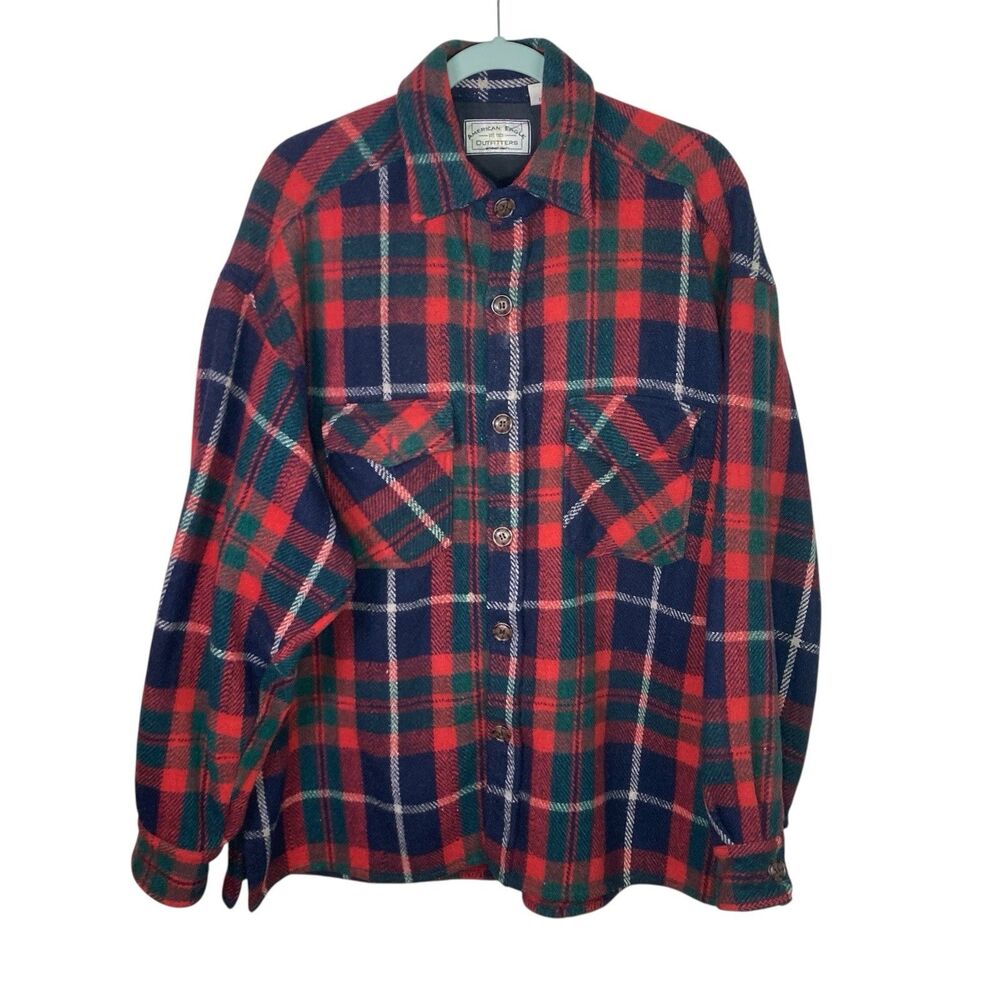 Vtg American Eagle Shirt Jacket Mens L Wool Button Up Plaid Shacket Pockets 90s